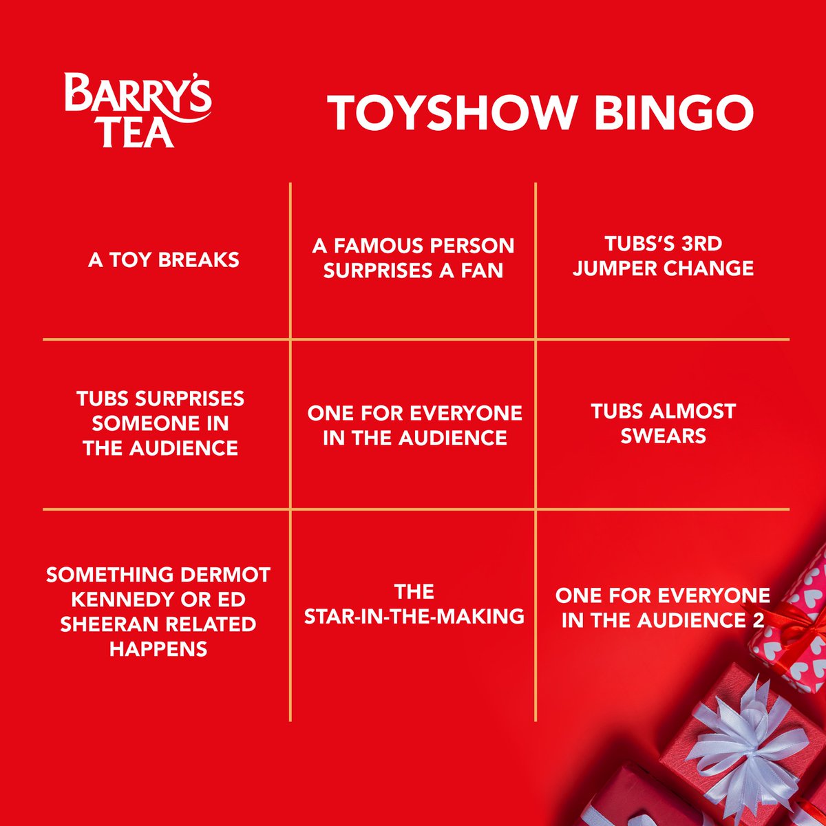 BarrysTeaTweets's tweet photo. Stick the kettle on, it’s the best night of the year. To be in with a chance to win some Barry’s Tea Goodies, mark off these key toyshow moments with a ☕ emoji, and tag us to be in with a chance to win. (No cheating allowed, we’ll be watching too 😉) https://t.co/0hDtJgcPvk