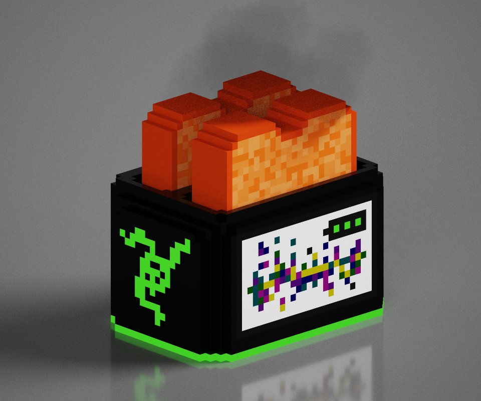 Cryptokashii's tweet photo. DAY 1 of creating a design for @Razer #Razer till they give me a laptop for better renders. #givemelaptoprazer #voxelart #voxelartist #razertoaster https://t.co/KK5pDPtJrj