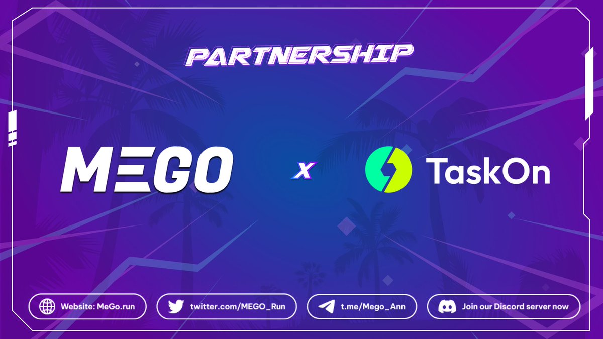 🔊 Strategic Partnership: <a href="/MEGO_Run/">MEGO - Meet'N'Go🏃🏽</a> x <a href="/taskonxyz/">TaskOn | Ultimate Web3 Community Growth Platform</a> 

🤳 TaskOn is a platform that boosts the completion of various Web3 tasks in a decentralized way.

📰 Follow us on: t.me/MEGO_Ann/88

#Web3 #Partnership