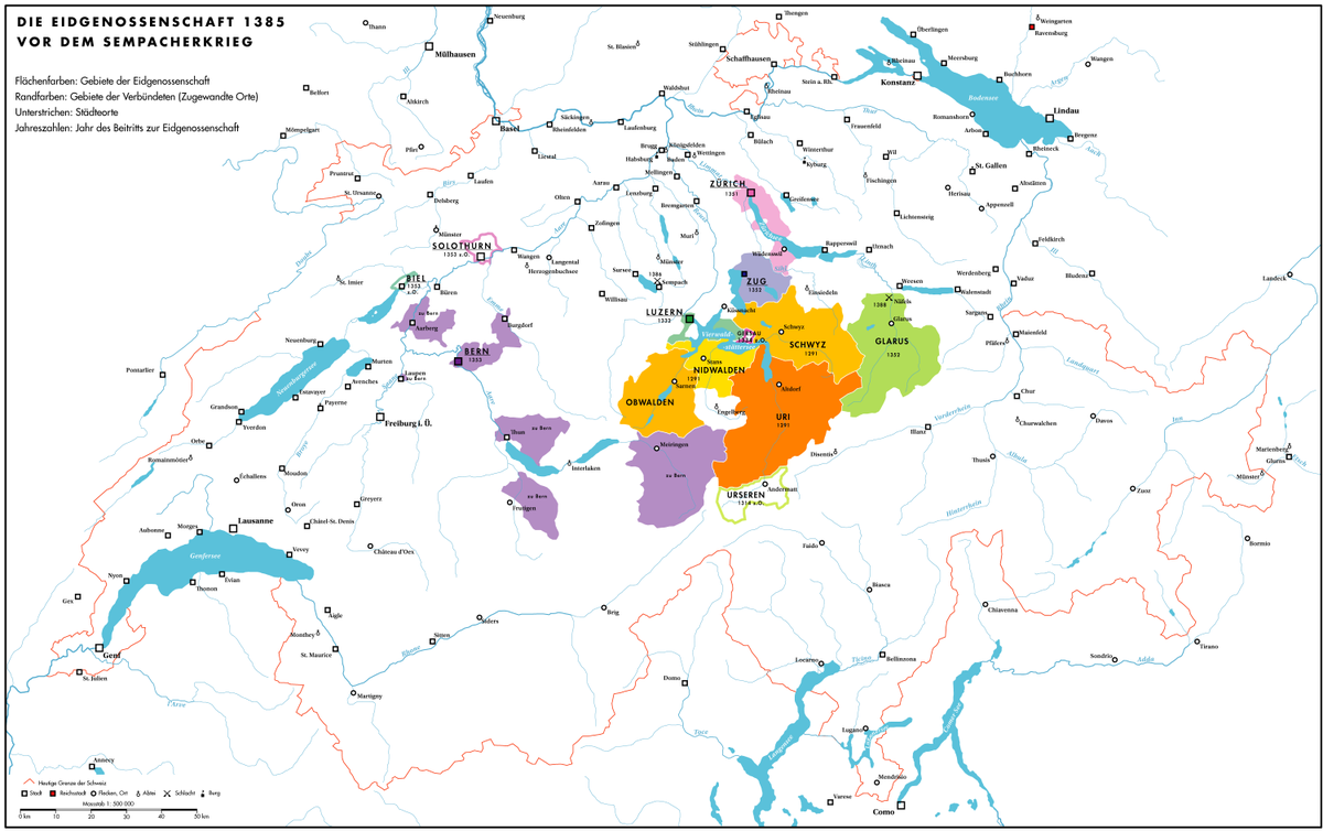 The Swiss Confederation in 1385, taken from https://en.wikipedia.org/wiki/Growth_of_the_Old_Swiss_Confederacy#/media/File:Historische_Karte_CH_1385.png