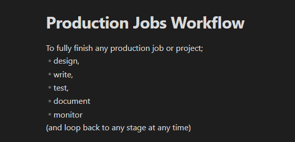 ghenry's tweet photo. I just said this to a member of my team and they made this 😎😎😎

"So to fully finish any production job or project; design, write, test, document and monitor (and loop back to any stage at any time)."

Agree? https://t.co/ryaR0zmISD