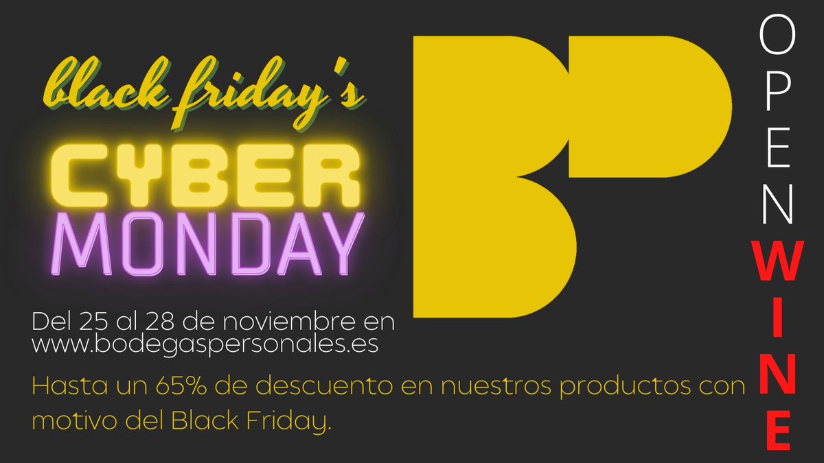 BoPersonales's tweet photo. Entra en nuestra página web y descubre todo lo que traemos para el Black Friday.
Descuentos desde el 25 de noviembre hasta el 28 de noviembre (Cyber Monday).

Visita nuestra página web:
https://t.co/0YpdeKibKr

#BlackFriday #CyberMonday #vinos #winelovers #BodegasPersonales https://t.co/vREiODOfwq