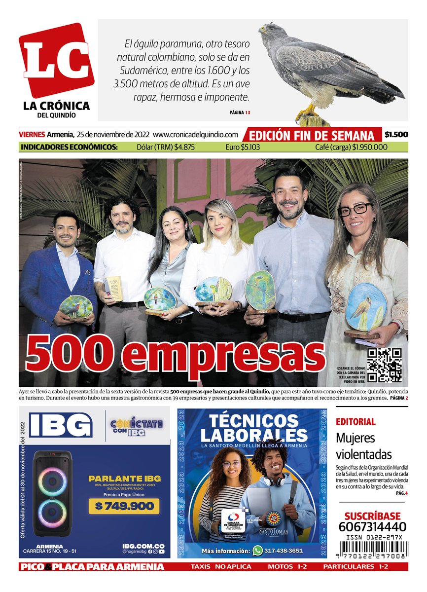croniquindio's tweet photo. #PortadaLC 📰 | ¡Muy buenos días! 🌤️ Te presentamos nuestra portada para este #viernes 25 de #noviembre. Encuentra toda la información del #Quindío en nuestro sitio web: https://t.co/a3sHGpakwi https://t.co/1u6ucyX08T