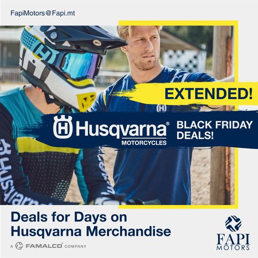 WE HAVE EXTENDED OUR BLACK FRIDAY SALE!!

Hurry down to <a href="/Fapi/">໊</a> Motors in Attard for some unbeatable Black Friday Deals!*

*Deals are valid only on all KTM merchandise. Motorcycles and Bicycles are not included.

#FapiMotors #KTM #BlackFriday #Famalco #TomorrowTogether #motorbikes