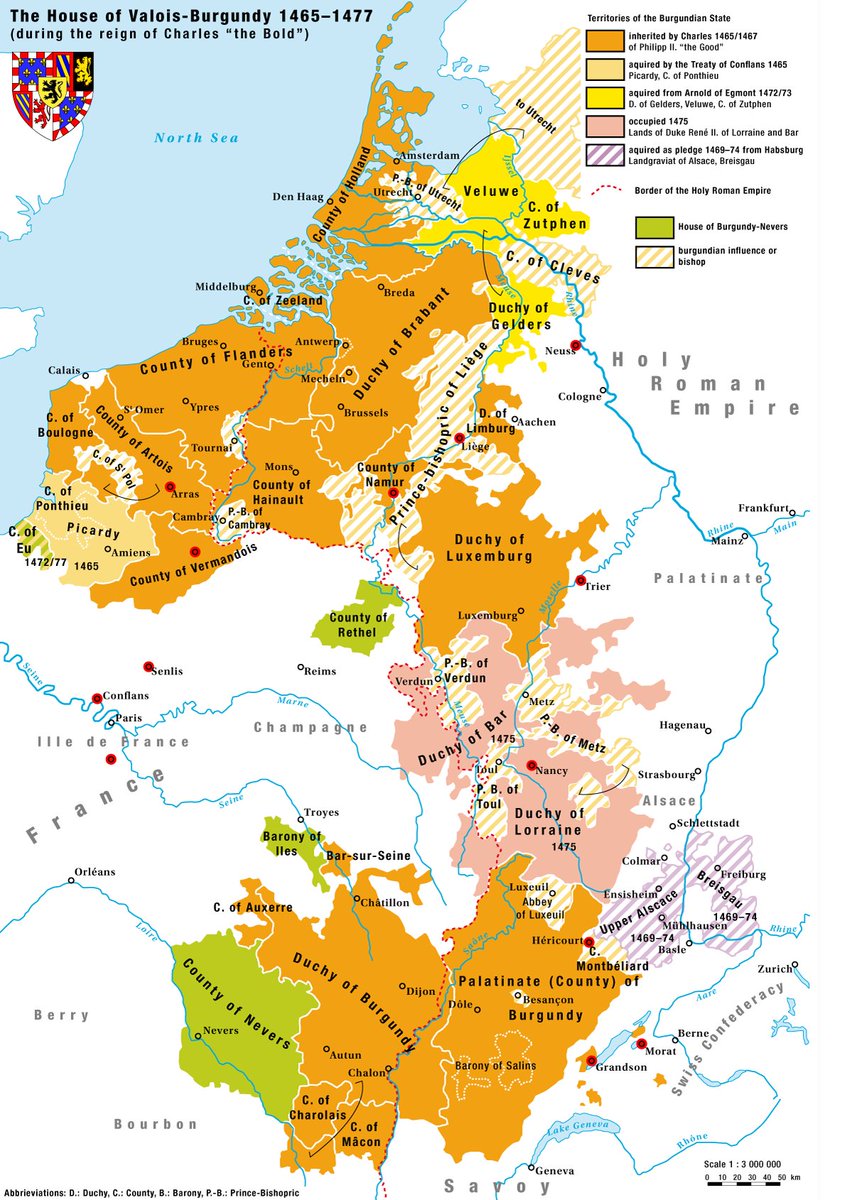 The territories ruled by the House of Valois-Burgundy with the Swiss Confederation to its south-east, taken from https://en.wikipedia.org/wiki/Burgundian_Wars#/media/File:Karte_Haus_Burgund_4_EN.png