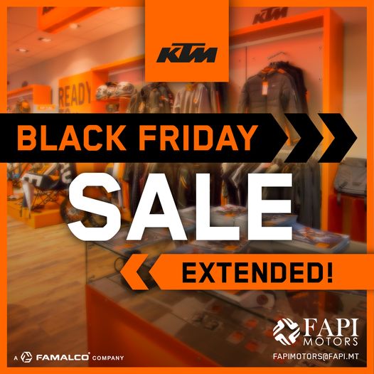 WE HAVE EXTENDED OUR BLACK FRIDAY SALE!!

Hurry down to @Fapi Motors in Attard for some unbeatable Black Friday Deals!*

*Deals are valid only on all KTM merchandise. Motorcycles and Bicycles are not included.

#FapiMotors #KTM #BlackFriday #Famalco #TomorrowTogether #motorbikes