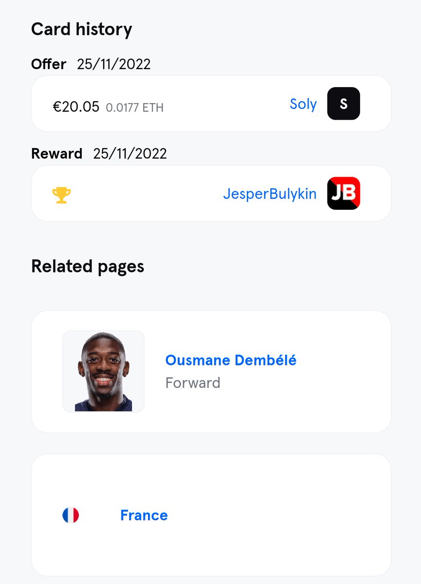 FCFokko's tweet photo. Just sold custom series Dembele ✅
I am far from a collector and I give even less about the French NT so this feels like the best money I've ever made on Sorare! https://t.co/rXNLIWh5A8