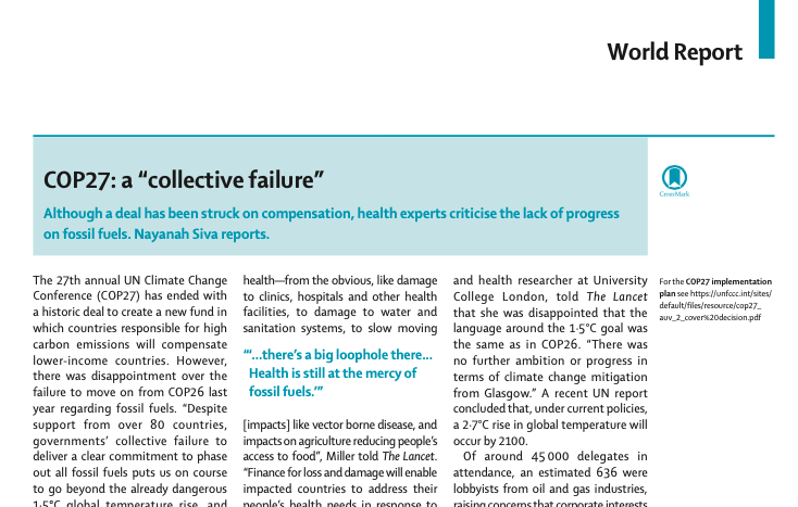 Via <a href="/TheLancet/">The Lancet</a>: “Govs’ collective failure to deliver clear commitment to phase out all #fossilfuels puts us beyond already dangerous 1.5C global temperature rise &amp; locks in increase in #lossanddamage climate impacts on people’s health &amp; livelihoods” thelancet.com/journals/lance…