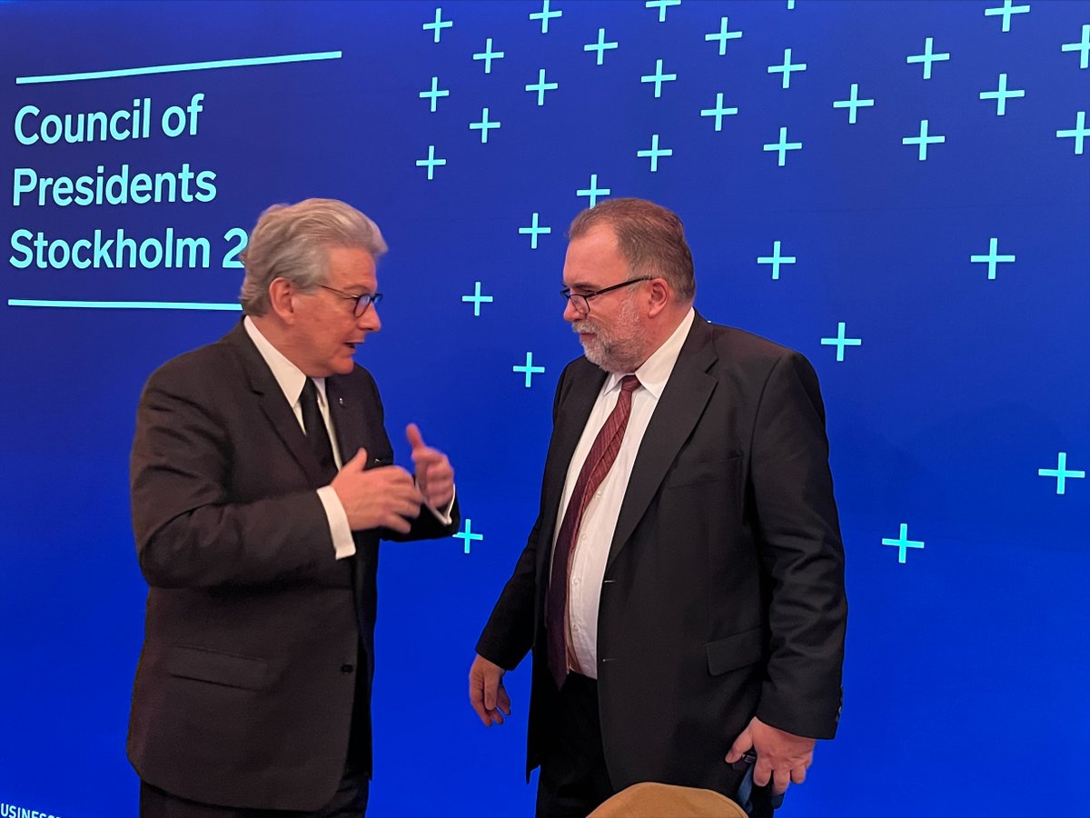 Der_BDI's tweet photo. Today, the Presidents of @BusinessEurope’s 40 member federations gathered in Stockholm. Clear message: #Europe urgently needs a comprehensive competitiveness strategy. Thank you for the exchange @ThierryBreton, @SwedishPM & @PrinsDanne! @svenaringsliv #EUGrowth #EUIndustry https://t.co/c3xuv2UXKi