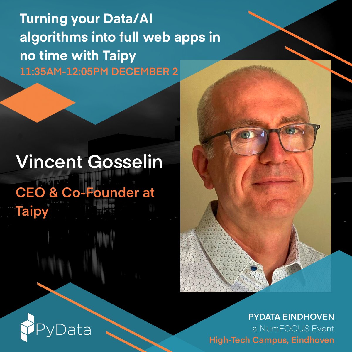PydataEindhoven's tweet photo. 📢 It is our great pleasure to introduce Vincent Gosselin, our speaker for PyData Eindhoven 2022!
Get your tickets now to secure your spot at the event!
They are selling out fast!
https://t.co/odTUVX8lGh
#pydata #pydataeindhoven #datascience #speaker https://t.co/XgEOaZ3Ou6