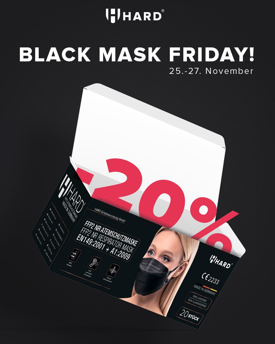 HARDSchutz's tweet photo. Nicht verpassen! Das Angebot gilt nur während des Black Friday Weekend vom 25. bis 27. November! Alle schwarzen Masken -20% Rabatt! 🛒 https://t.co/gWsLL5Gn3A #blackfriday2022 #madeingermany #deutschequalität ⁠#ffp2mask #blackfriday #blackfridayangebote #angebote https://t.co/gawFsMMGnI