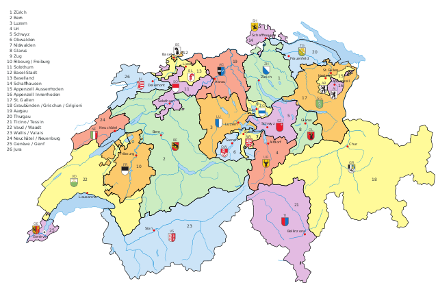 Present day Switzerland with Vaud separated from Bern, taken from https://en.wikipedia.org/wiki/Switzerland#/media/File:Kantone_der_Schweiz.svg