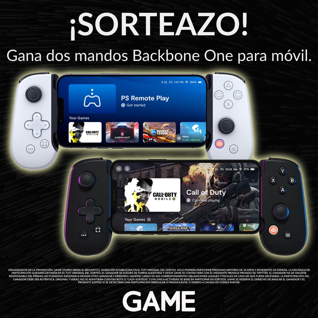 VideojuegosGAME's tweet photo. ¡GANA estos mandos #BackboneOne que sorteamos!

🔄 RT + Síguenos.
📲 Responde con #BackboneEnGAME y cita a un AMIG@. ¡Podrás ganar dos mandos (uno para cada uno)!
⏱ Participa hasta el 28-11.

Consigue ya tu mando Backbone one con descuento en GAME 👉 https://t.co/pSAmeWDFV2 https://t.co/Muu2pZozB8