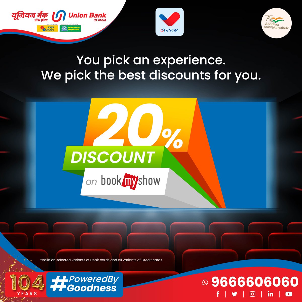 UnionBankTweets's tweet photo. Get big discounts on a show of your choice with #UnionBankOfIndia with your next #BookMyShow tickets.
Know more: https://t.co/WazBNCcdJh
#GoodPeopleToBankWith #AmritMahotsav #PoweredByGoodness https://t.co/K06spqgBrE