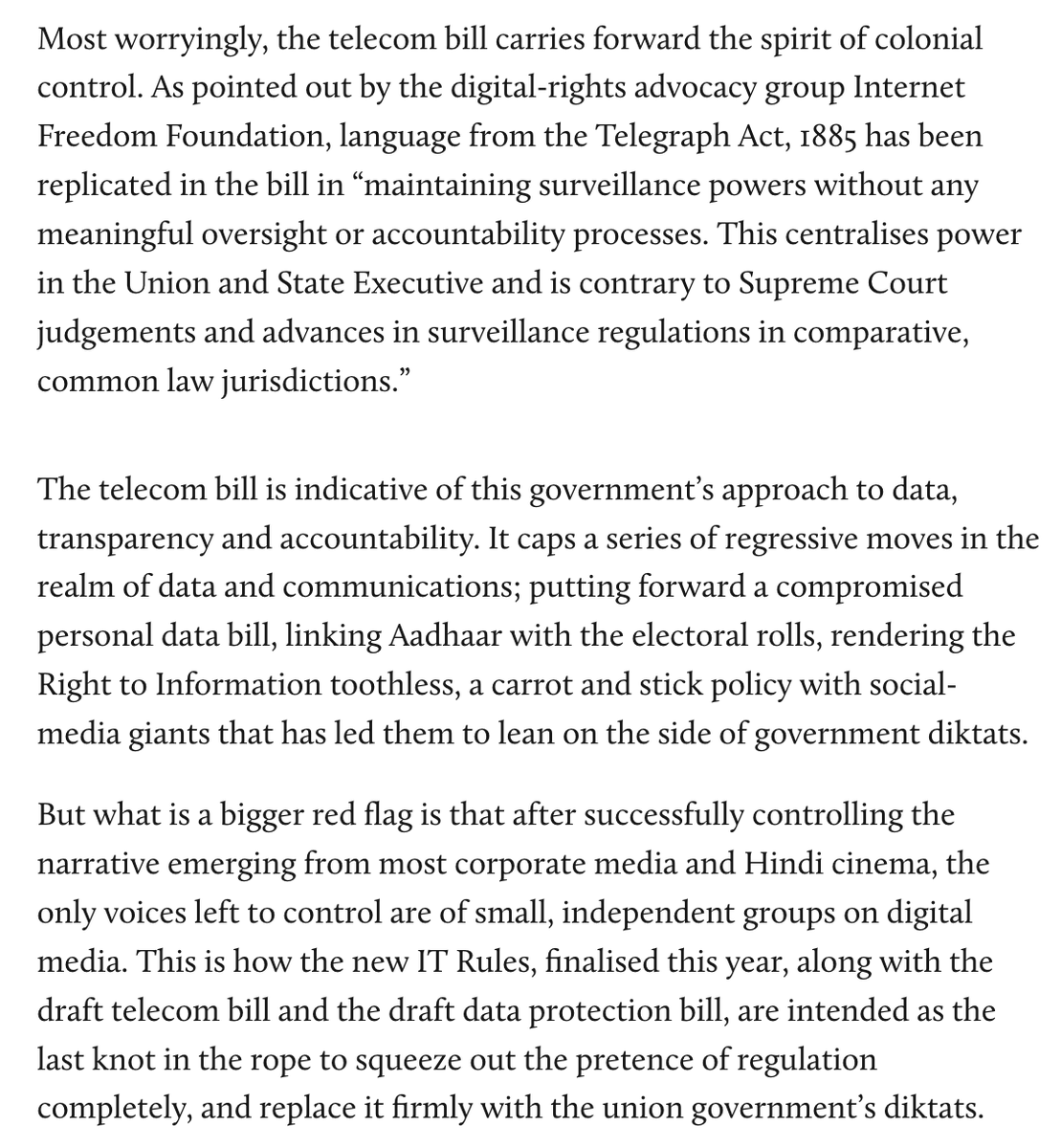 seemay's tweet photo. The telecom bill very much carries forward the spirit of colonial control.
Controlling the narrative seems to be at the heart of intentions. #DraftTelecomBill https://t.co/0JiLkWJmAm