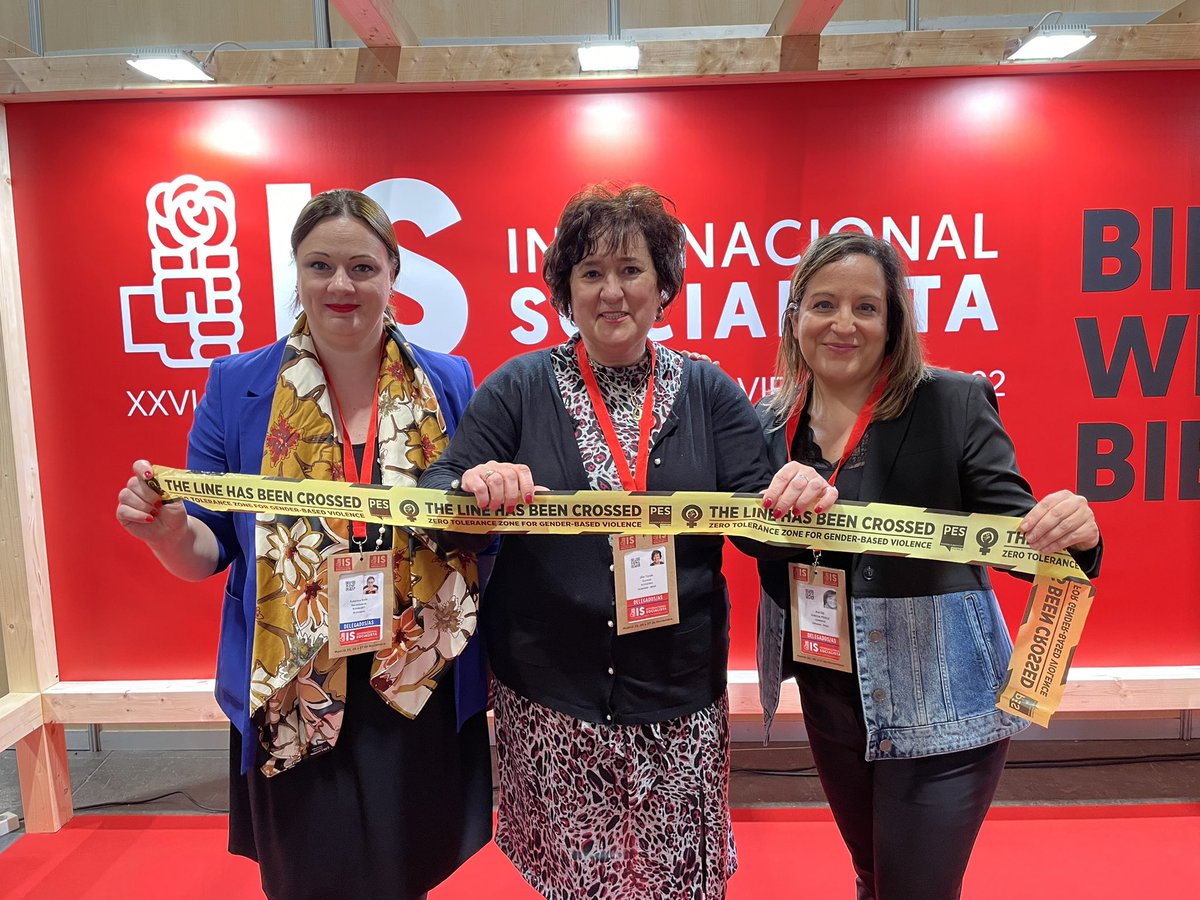PES_Women's tweet photo. On #25N, our President @zgurmai_EN is in Madrid with @TheProgressives President @IratxeGarper, and @PSOE Secretary for gender equality and PES Women executive member @afernb, who join our #linecrossed campaign to put an end to violence against women 🟣 #16days #16DaysOfActivism https://t.co/FeojuW4IA0