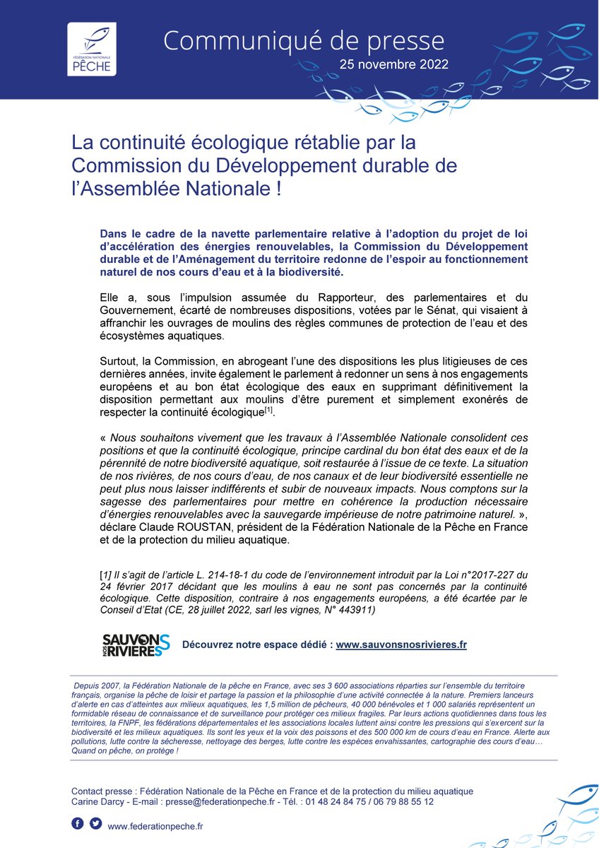 LaFNPF's tweet photo. 💧 La #ContinuitéEcologique rétablie par la Commission du Développement durable de l’ @AssembleeNat !
Une décision qui redonne de l'espoir au combat du réseau associatif de #pêche de loisir pour la protection du #MilieuAquatique 💪
Plus d'info dans le Communiqué de presse FNPF ⤵️ https://t.co/Eah94kiUf5