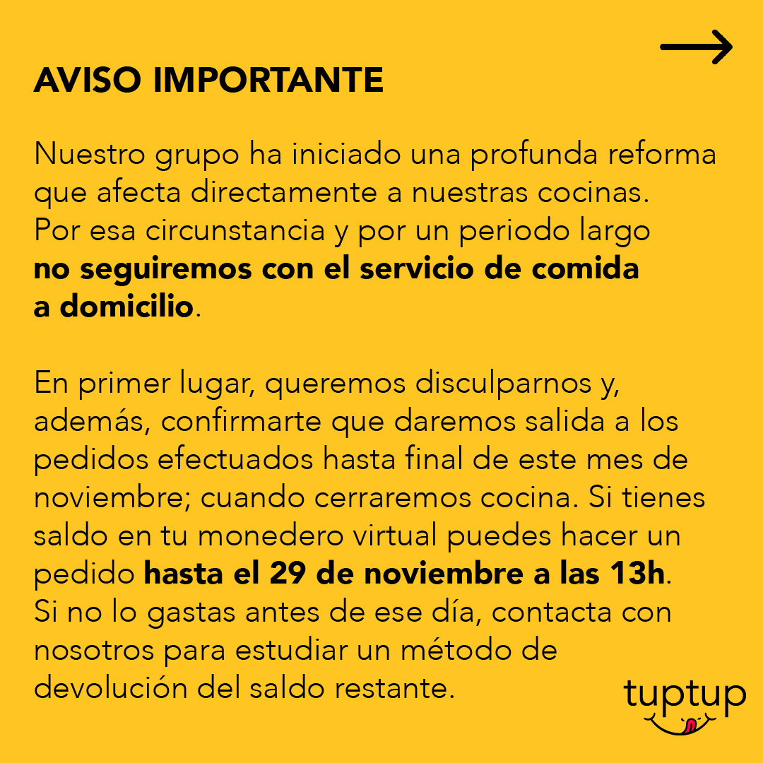 Pideuntup's tweet photo. ❗️AVISO IMPORTANTE❗️

Cerramos nuestras cocinas por un tiempo. Último día para realizar pedidos: 29 de noviembre a las 13h. ¡Gracias por todo! https://t.co/FiiGEuE62t