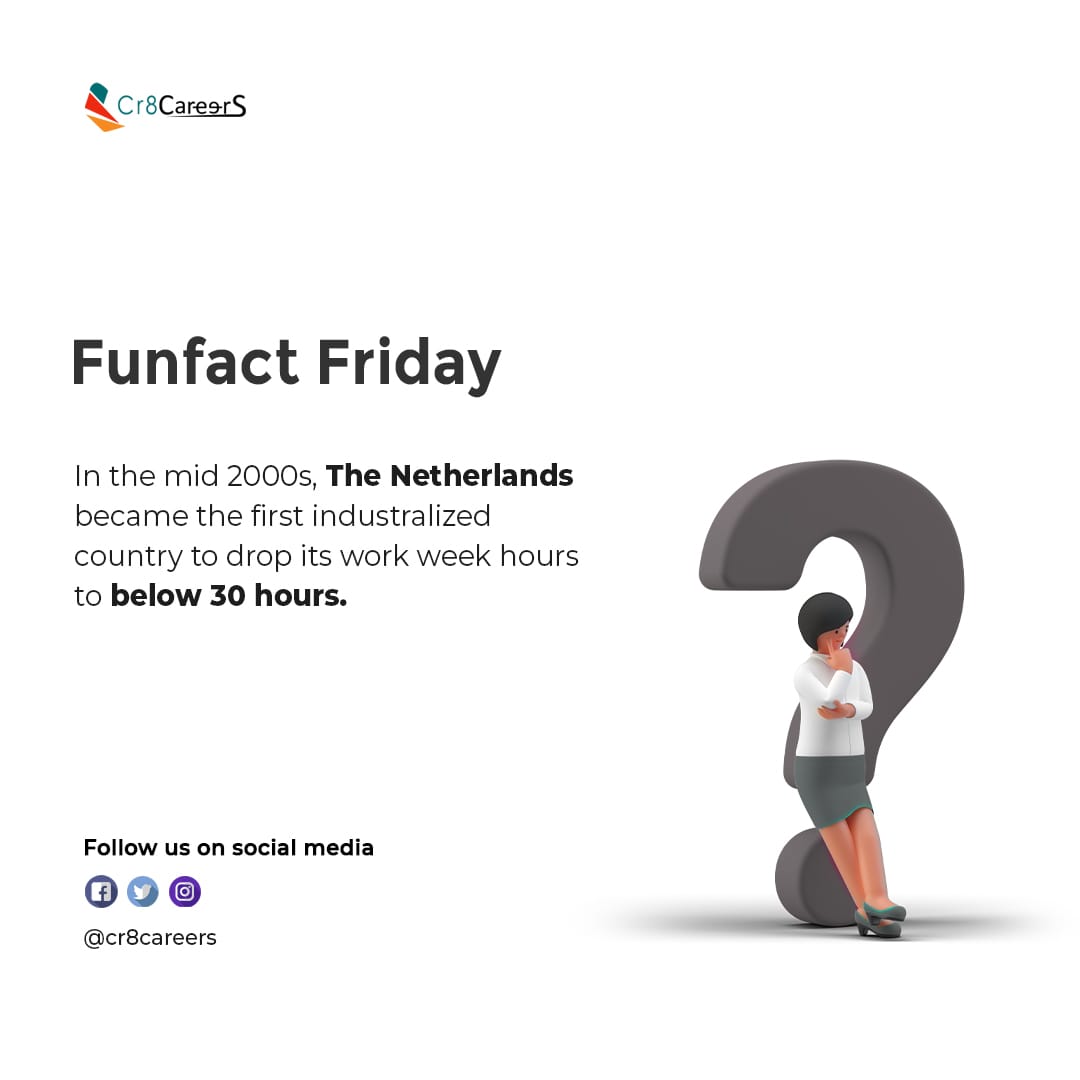 cr8careers's tweet photo. In the mid-2000s, the Netherlands was the first country in the industrialized world where the overall average working week dropped to less than 30hours. #FunFactFriday > #Cr8Careers

#workinghours #workhours #employee #employeesproductivity #facts #fact #worker #workinghour https://t.co/Z3Fa9qWEaY