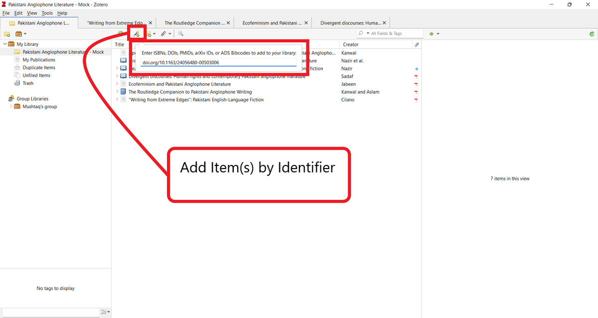 A screenshot of Mushtaq's Zotero library. A red rectangle points to the "Add Item(s) by Identifier" button.