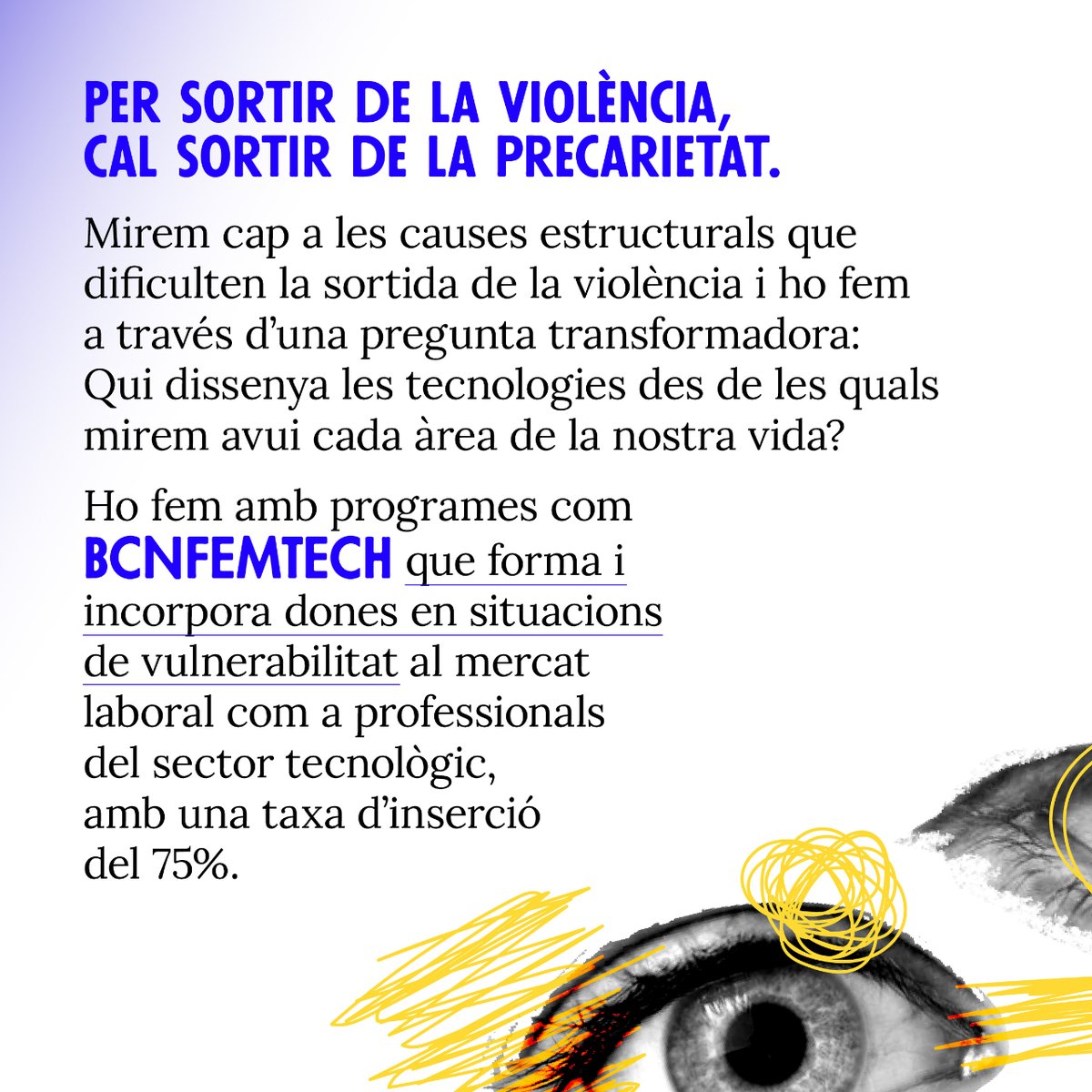bcnencomu's tweet photo. Contra la violència econòmica, mirem cap al futur

Violència també vol dir precarietat. Amb programes com #BCNFemTech que forma i incorpora dones en situacions de vulnerabilitat al mercat laboral com a professionals del sector tecnològic, amb una taxa d’inserció del 75%. https://t.co/cynLRG9rJB