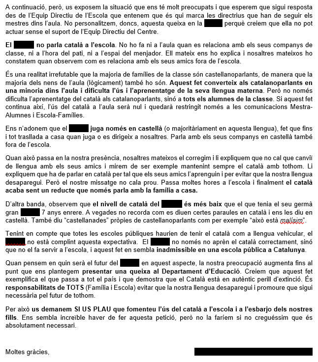 InterEducacio's tweet photo. Aquesta carta d'una família a l'equip directiu del centre on escolaritza el seu fill mostra la situació crítica de la llengua a moltes escoles públiques i concertades del país, i la deixadesa d'@educaciocat i les direccions a l'hora de garantir-ne els usos. Activeu la inspecció! https://t.co/eY0fAFrpTf