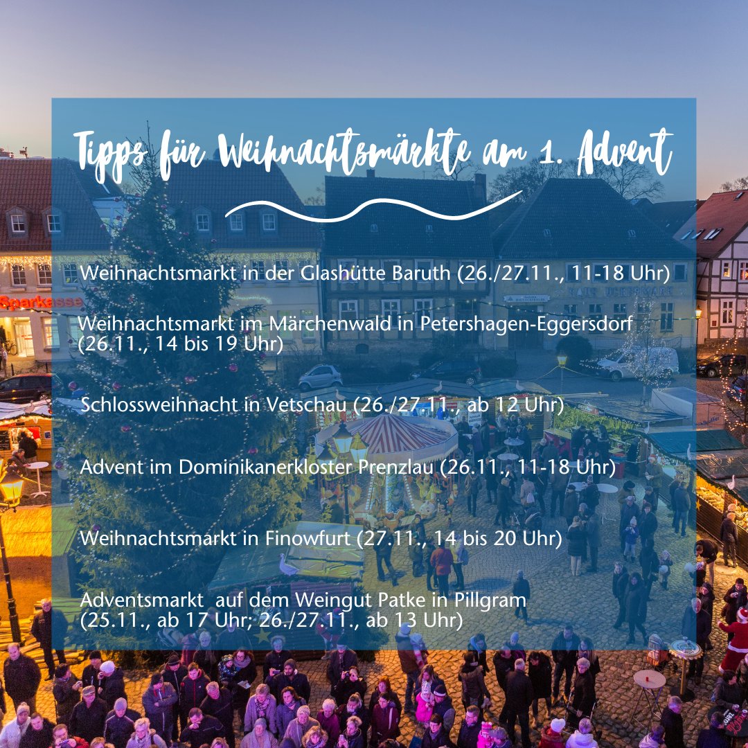 Das erste Adventswochenende steht vor der Tür.🎄Für einen Ausflug #nachbrandenburg bieten die Adventsmärkte im Land einen tollen Anlass. Alle Veranstaltungen auf einen Blick 👉reiseland-brandenburg.de/veranstaltunge…