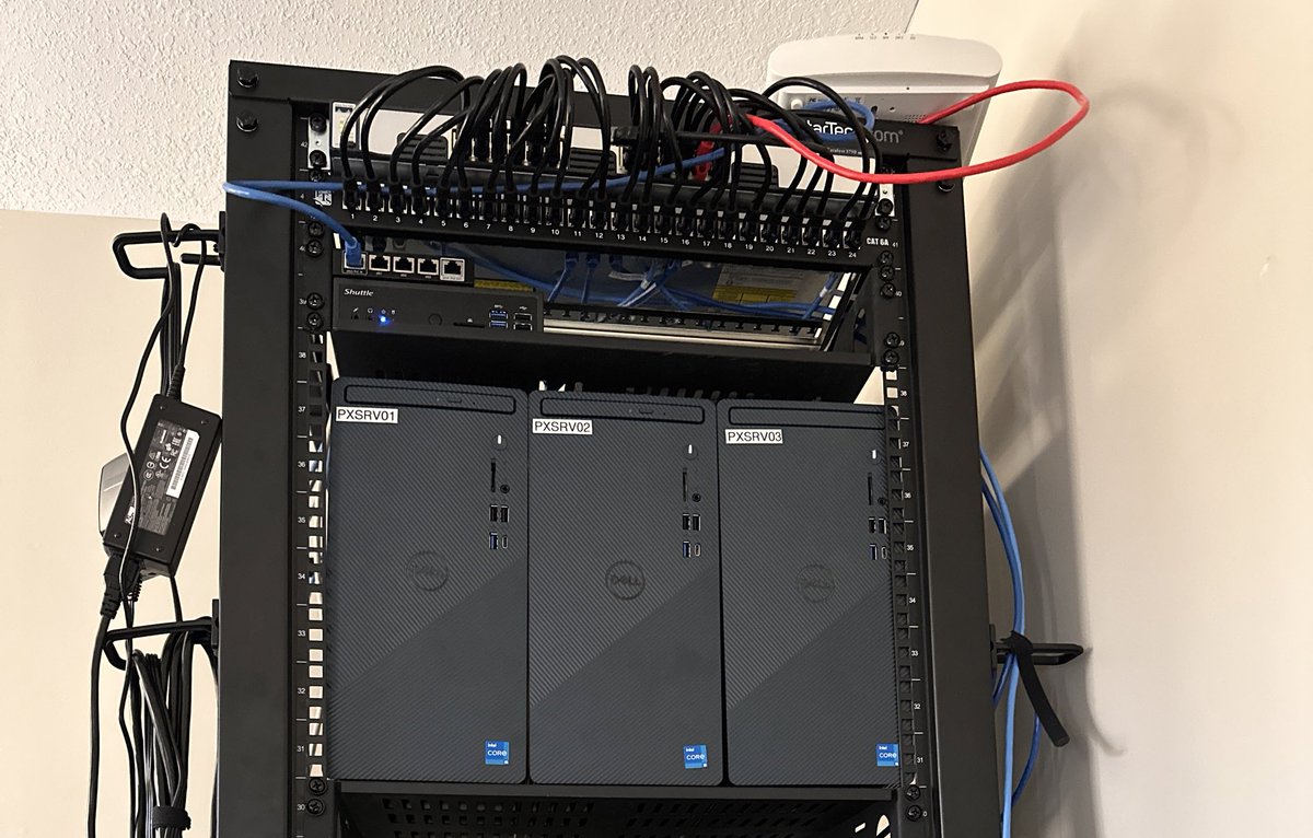 digilink's tweet photo. @ChristianLempa 3 node Proxmox cluster using some Dell Inspiron desktops that I got a great deal on. Upgraded the memory in each node, Core i5 12400/64gb of RAM. Also run two older Dell SFF 9020 desktops, one is a dedicated docker host running Debian, the other Arch linux. https://t.co/ueY4nIuV6R
