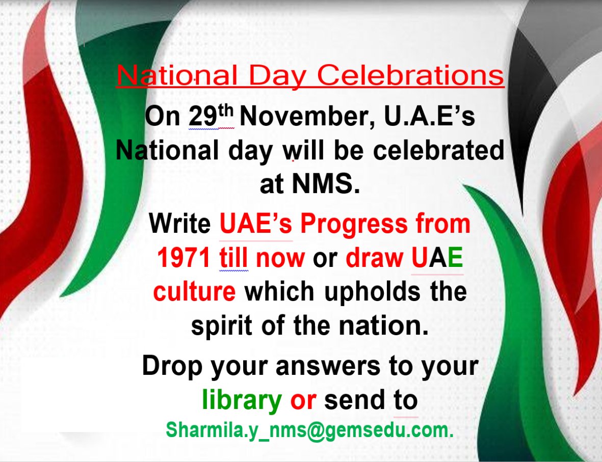 NMS Library (@nmslibrary1) on Twitter photo Let's celebrate U.A.E National Day at NMS 29th November.
“May this Independence Day bring along many opportunities for our country to grow and prosper. Wishing everyone a very Happy UAE National Day.”
<a href="/NMSLibrary1/">NMS Library</a> <a href="/Fatima_Martin/">Fatima Martin</a> <a href="/nmsmiddleschool/">GNMS_Middle School_RUNWAY</a> <a href="/GNMS_Tigers/">GNMS_Secondary Tigers_Semper Sursum</a> Let's celebrate U.A.E National Day at NMS 29th November.
“May this Independence Day bring along many opportunities for our country to grow and prosper. Wishing everyone a very Happy UAE National Day.”
<a href="/NMSLibrary1/">NMS Library</a> <a href="/Fatima_Martin/">Fatima Martin</a> <a href="/nmsmiddleschool/">GNMS_Middle School_RUNWAY</a> <a href="/GNMS_Tigers/">GNMS_Secondary Tigers_Semper Sursum</a>