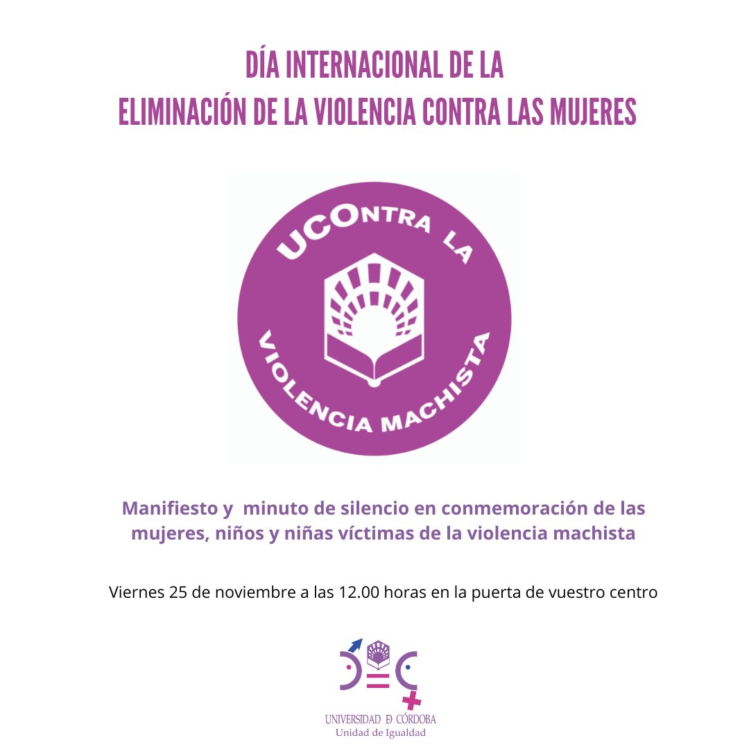 Hoy, Día Internacional de la Eliminación de la Violencia contra las Mujeres, somos #UCO25N En todos los centros mostraremos nuestra solidaridad con las mujeres, niños y niñas víctimas de la violencia machista con la lectura del manifiesto y  minuto de silencio.

💜Te esperamos.