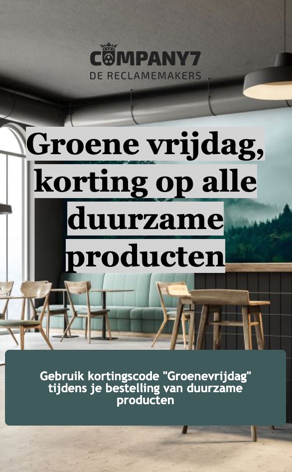 COM7's tweet image. Korting op alle duurzame producten!
(tot en met 27-11-2022)
ProPES Outdoor
Displaykarton
Polyprop (Kanaalplaat)
Polystyreen
Re-board
Statische Raamfolie
SanoTex
Akoestische panelen
Akoestisch materiaal
Briefpapier
WalltexPro behang
ProPES FR
Dispa
company7.nl