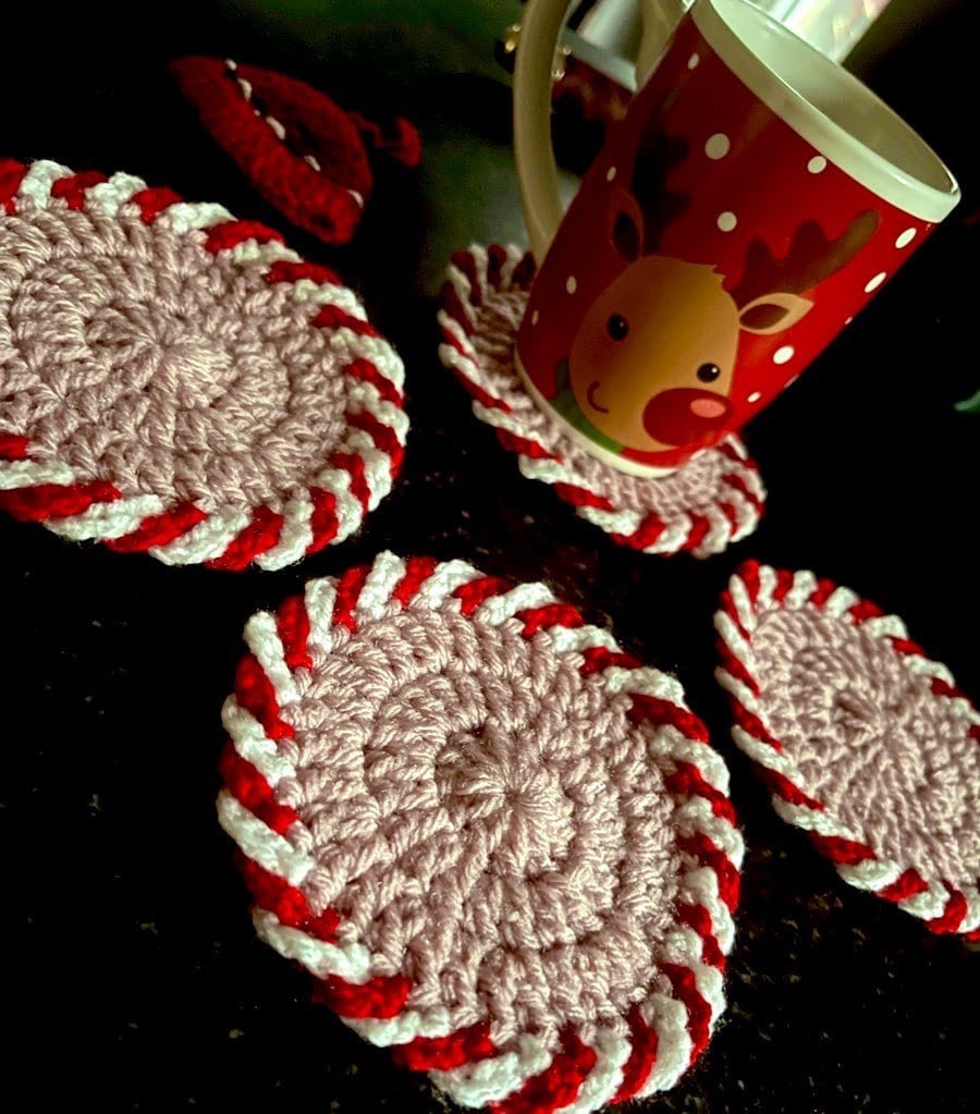 Crochet Christmas Candy Cane Coasters Crochet Pattern  #crochet #sewing #earlybiz #ssb #wip #peppermint #hotchoc #magic #festive #shopindie #morning #project #crochetpattern #christmas #crochetchristmas #coasters #candycane #crochetcoasters #yarn etsy.me/3OzgSvj