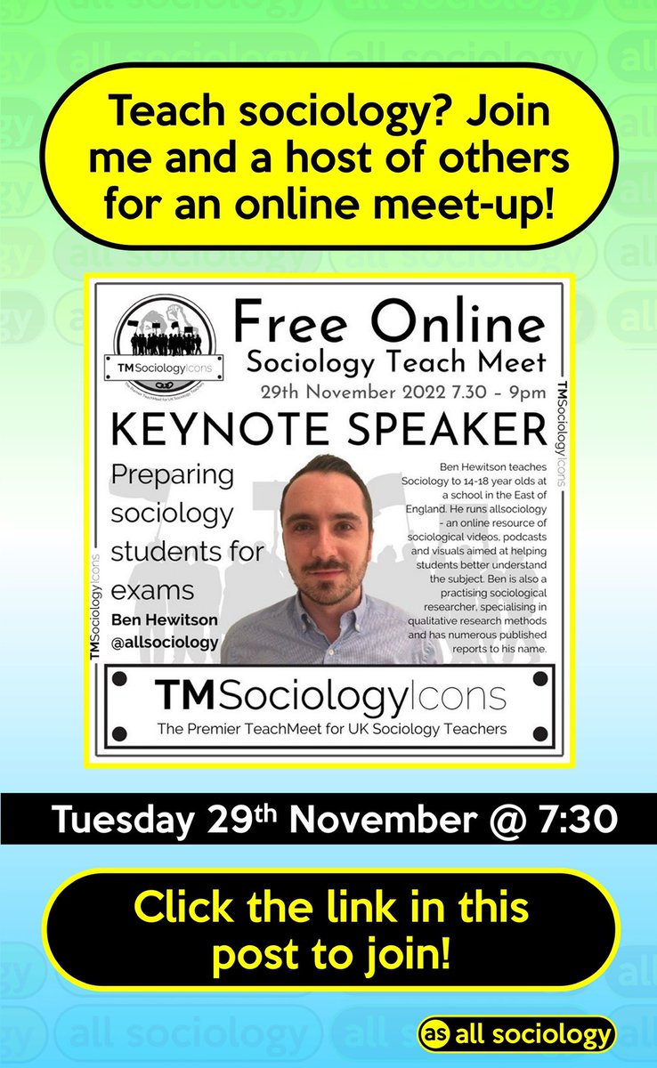 I’m doing an online conference on Tuesday with lots of other wonderful sociology teachers, as part of @TMSociologyIco1.

If you’re not watching England v Wales , come and join in!

youtube.com/watch?v=kS3_VA…

#gcsesociology #alevelsociology #allsociology