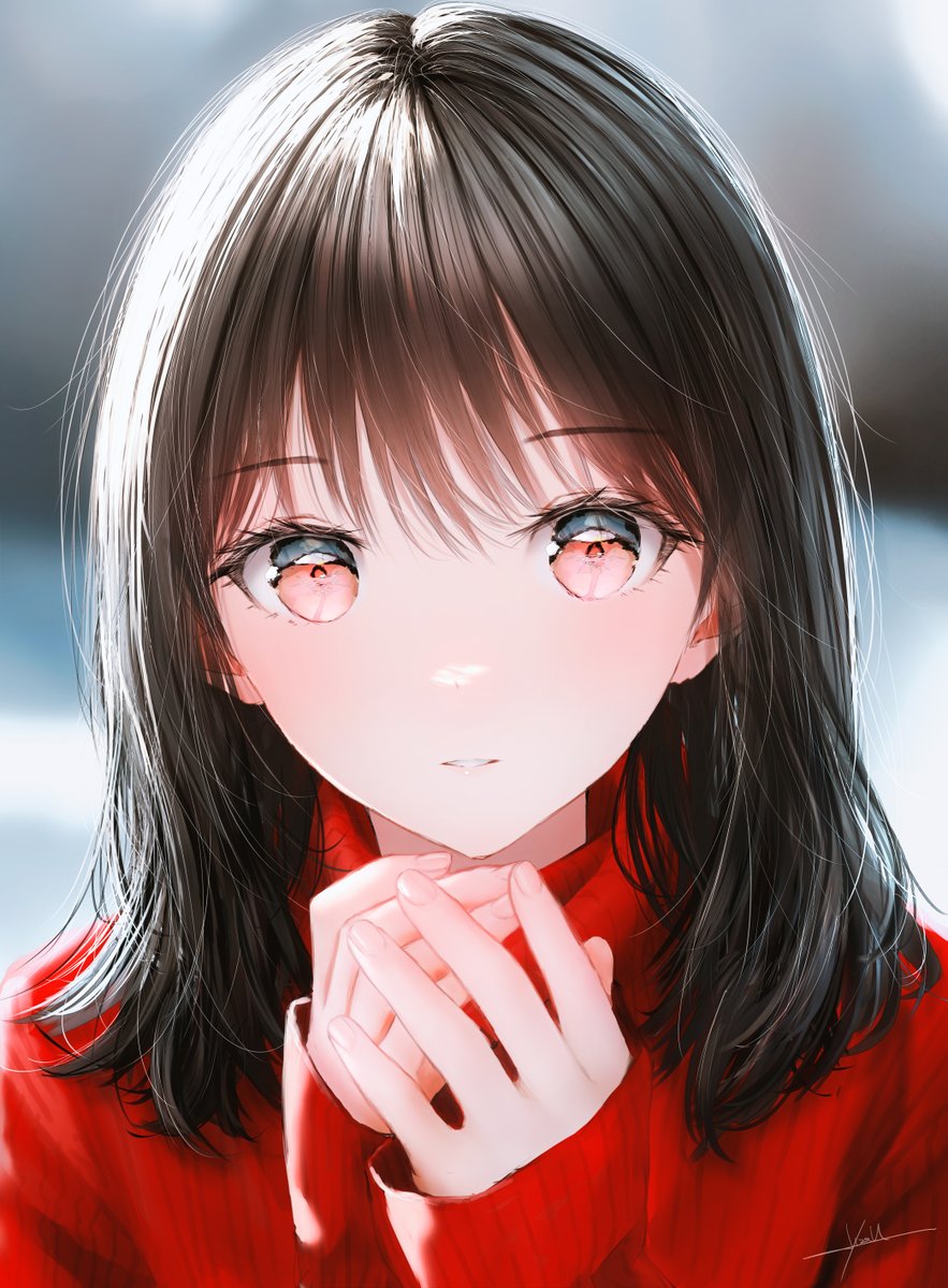 1girl solo looking at viewer red sweater blurry background sweater blurry  illustration images