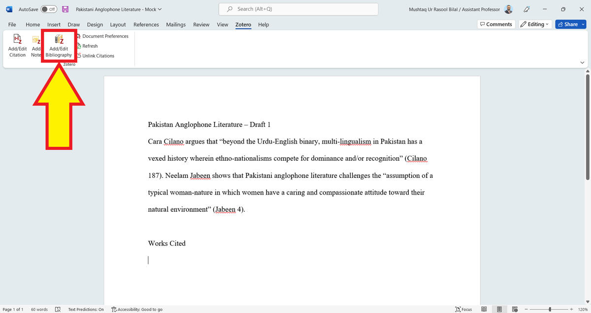 A screenshot of an MS Word document. A yellow arrow points to the "Add/Edit Bibliography" in the Zotero tab.