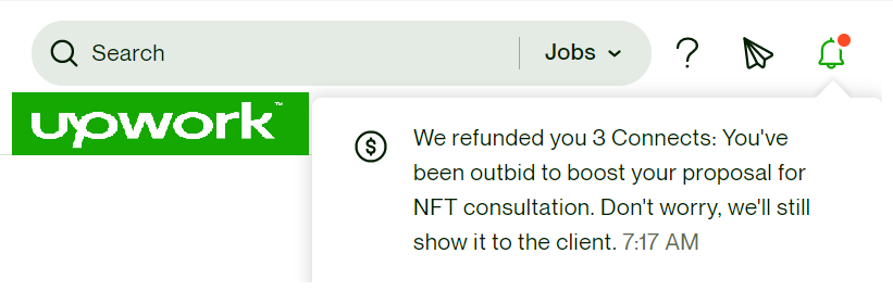 AskGauravNanda's tweet photo. Has @Upwork started refunding connects to #Freelancers if their  boosted proposal gets outbid ? If yes , then a great move!! 👌 https://t.co/Pcd0Taf5Nl