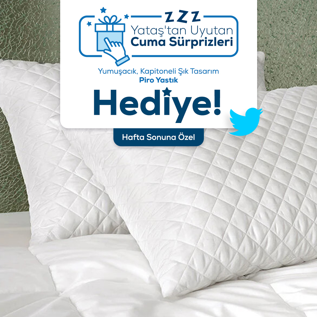 🎁 Yataş'tan Uyutan Cuma Sürprizleri Başlıyor! 🎁
Yumuşacık bir şıklık için #Yataş Piro Yastık şanslı 2 kişiye hediye! Yapmanız gereken; <a href="/yatasbedding/">Yataş</a> hesabımızı takip edin, #YumuşacıkŞıklık etiketiyle ile 3 arkadaşınızı etiketleyin, paylaşımımızı retweet yapın. Herkese bol şans!