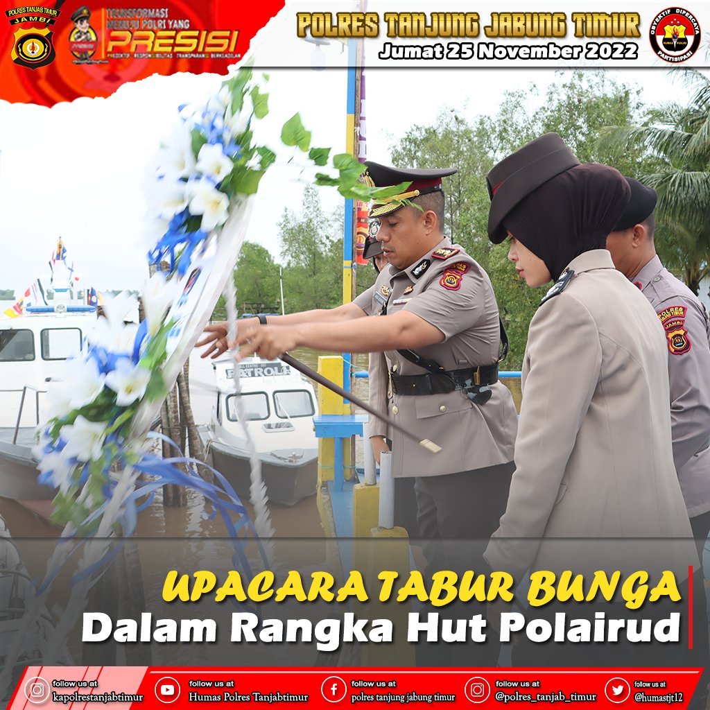 Polrestanjabtim's tweet photo. Kapolres Tanjung Jabung Timur Akbp Andi Muh. Ichsan Usman SH SIK melaksanaan Upacara Tabur bunga dalam rangka memperingati HUT Satpol Airud ke 72 di Mako Satpol Airud.
#polripresisi #polrestanjabtim #hutpolairud #taburbunga #jambiupdate #MUARASABAK #divhumas #poldajambi https://t.co/WouYOlO4Nm
