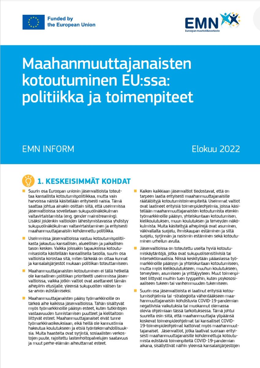 Tänään julkaistu!

Maahanmuuttajanaisten kotoutuminen EU:ssa: politiikka ja toimenpiteet.
Suomenkielinen tiivistelmä <a href="/EMNMigration/">EMNMigration</a> vertailuraportista.
#maahanmuutto 
#kotoutuminen

Lataa: bit.ly/3U7zUdk

Lisää julkaisuja:
emn.fi/julkaisut/

#EMNFinlandMigrantWomen