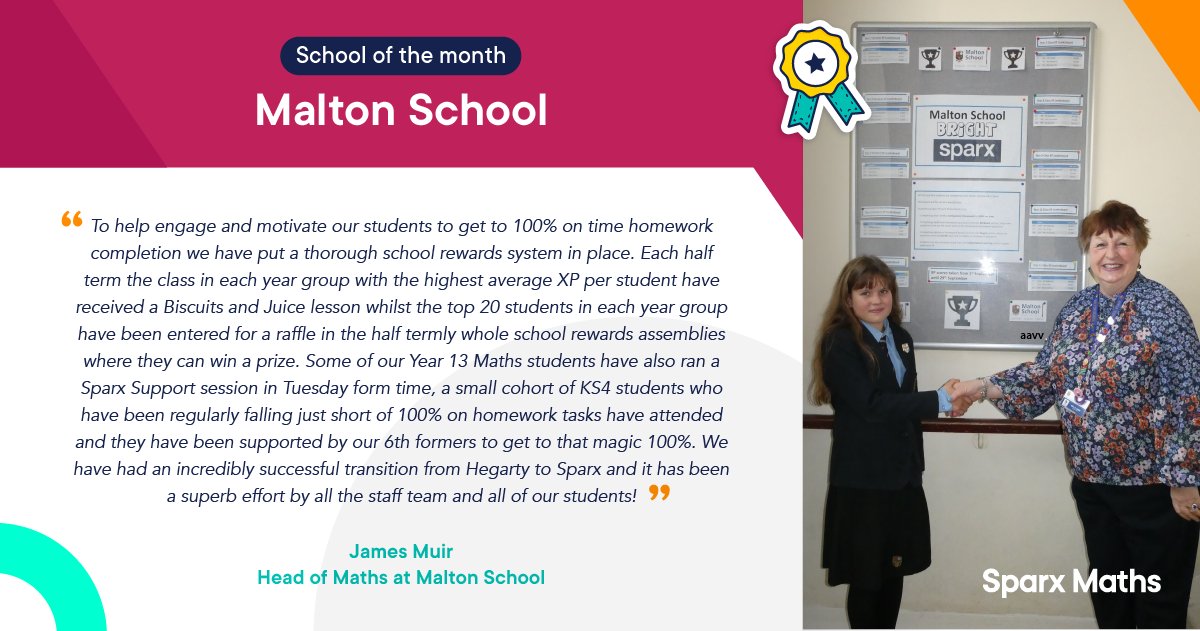 SparxMaths's tweet photo. A huge well done from us to @maltonschool for being our School of the Month! 

There are some brilliant examples being used here to motivate their students following a successful migration from Hegarty Maths. 

Congratulations to all the fabulous students and staff! 

#edchat https://t.co/mOe5a5G4db
