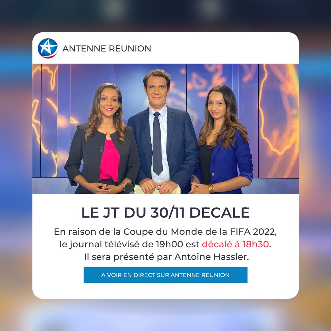 ⚠️ En raison de la Coupe du Monde de la FIFA 2022, le journal télévisé de 19h00 est décalé à 18h30. Il sera présenté par Antoine Hassler. ⚠️