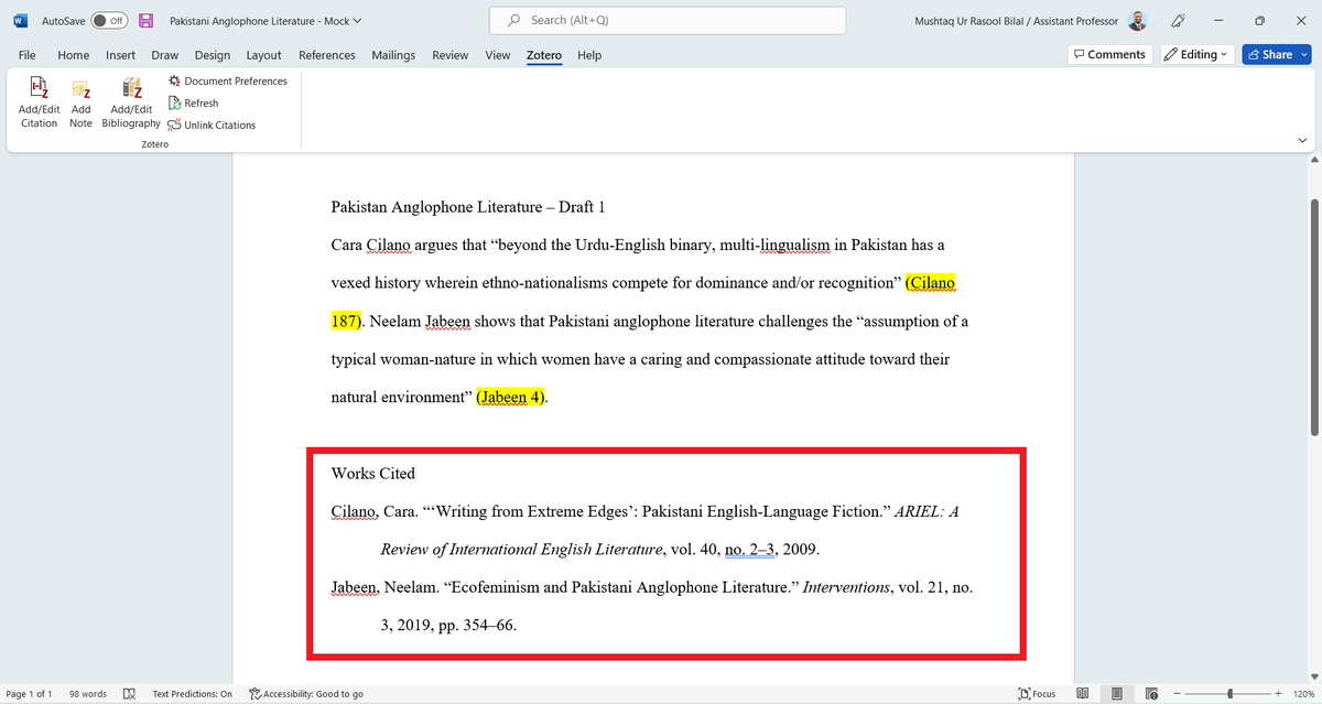 A screenshot of a document in MS Word. A red rectangle highlights the bibliography that Mushtaq added using the Zotero plugin.