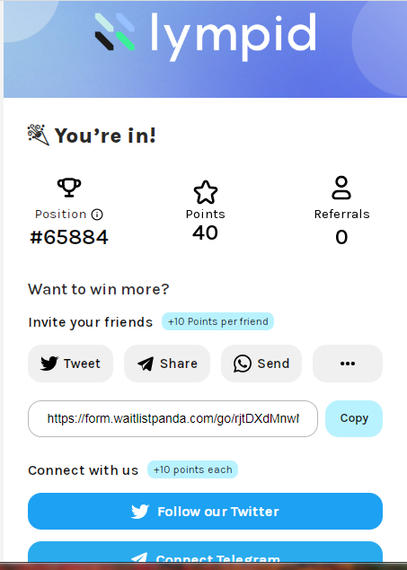 Join Lympid's Waillist - Supported by 1inch Ex
- Link: form.waitlistpanda.com/go/rjtDXdMnwMl…...
- Fill in your email and username Tw and then Join
- Complete the Tasks below to increase Points later airdrop 1:1 with tokens