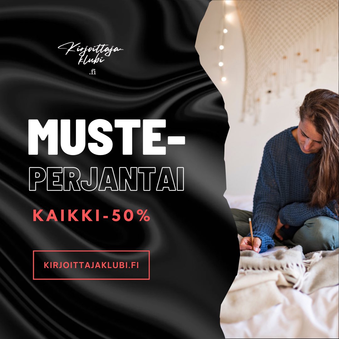 Kirjoittajien musta perjantai = musteperjantai. 

Katso musteperjantain -50% -tarjoukset tästä:

Kirjoittajaklubi.fi/blackfriday

#kirjoittaminen #luovuus #kirjoittajat