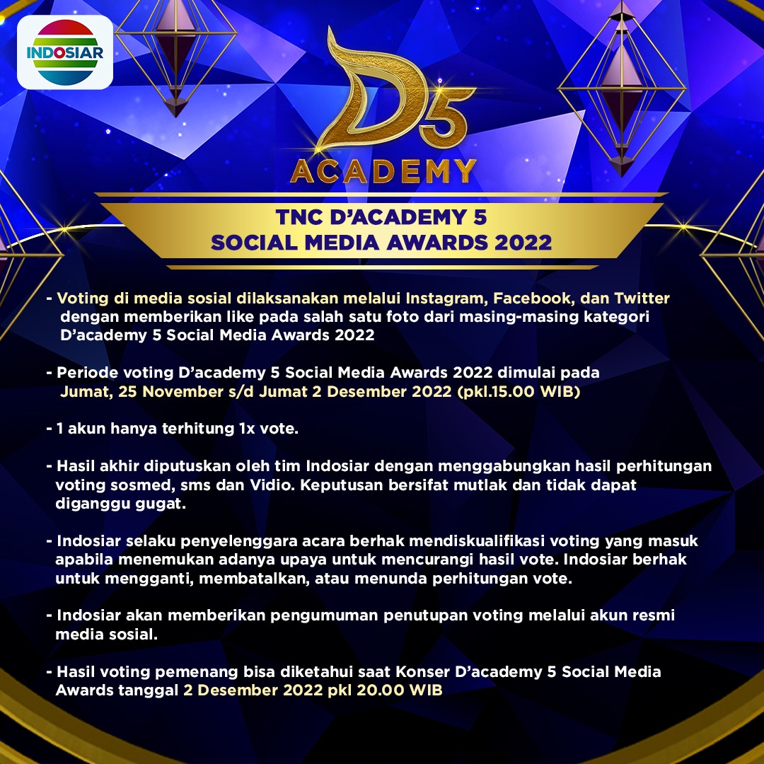 Bestie Indosiar~

Jangan lupa dukung jagoan kamu di D’Academy 5 Social Media Awards 2022! Caranya gampang, kalian bisa langsung geser ke kiri untuk full persyaratannya dan pastikan untuk mengikuti setiap mekanismenya yah!

#DA5SocialMediaAwards2022