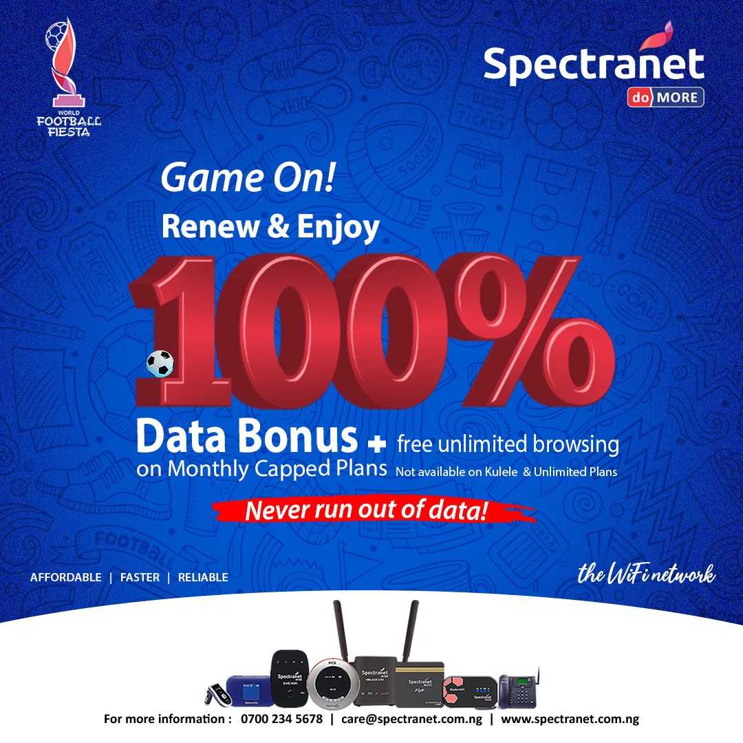 Spectranet_NG's tweet photo. Go FULL TIME and more with DOUBLE DATA OFFER! Renew today and get 100% Data Bonus on your monthly capped plan. Stream your favourite games and never miss the memorable moments at the world's biggest football fiesta! #doMore #Stayconnected #theWiFiNetwork https://t.co/D5zgqJDV2i