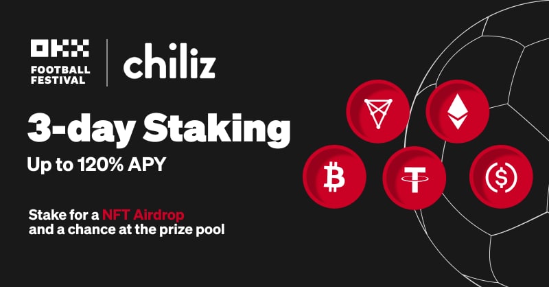 We are partnering with #OKXEarn to launch @OKX Football Festival Staking campaign! 🏆🎁

Stake $CHZ on OKX Earn on November 28th to enjoy up to 120% annualized returns 🙌 + you get a free football NFT ⚽️

Start staking your $CHZ from the 28th ⤵️
okx.com/earn/footballc…

⚡️ $CHZ