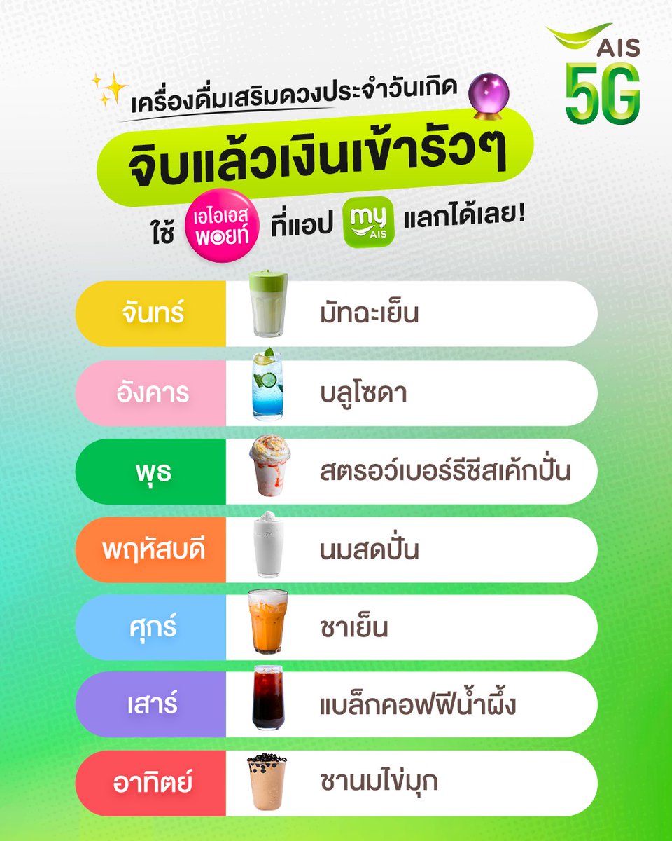 AIS_Thailand's tweet photo. 🍵🥤จะดื่มเครื่องดื่มทั้งที ก็ต้องเลือกที่เป็นมงคลตามวันเกิด 💰จิบแล้วปัง โชคลาภเงินทองวิ่งเข้าใส่แบบปั๊วะๆ จะเป็นเมนูไหน ก็ใช้ #AISPoints แลกได้!
👉ไปดูร้านโปรดแลกเมนูเสริมดวงเลยที่ https://t.co/V67fK24asY
#AIS5G #AISLifestyle https://t.co/UgzE59PT0X