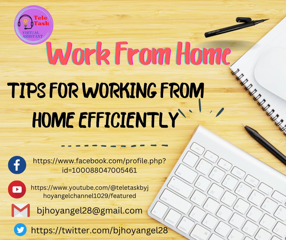 bjhoyangel28's tweet image. TIPS FOR WORKING FROM HOME EFFICIENTLY Shifting your work environment to your home is challenging, Your routine and space working from home tips ☑️☑️⏳💻⏱ &quot;Tele task is here to help you👉 My Socials:linkedin.com/in/jhoy-angelb… 👉Email:bjhoyangel28@gmail.com
#Teletask #timemanagement