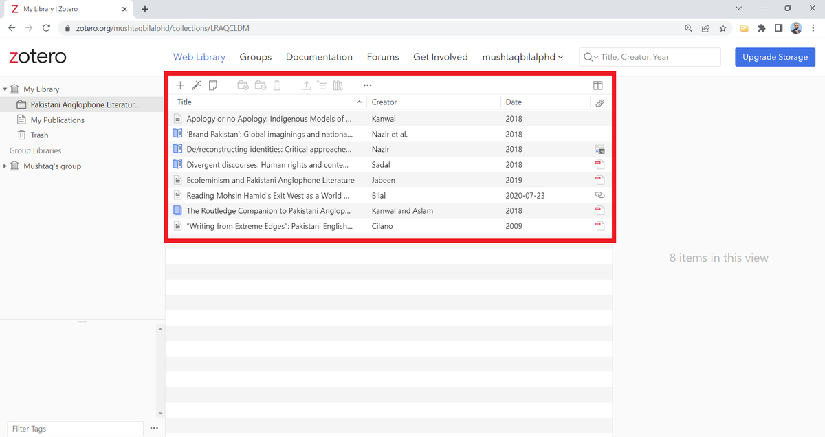 A screenshot of the collection "Pakistani Anglophone Literature" in Zotero's web library.